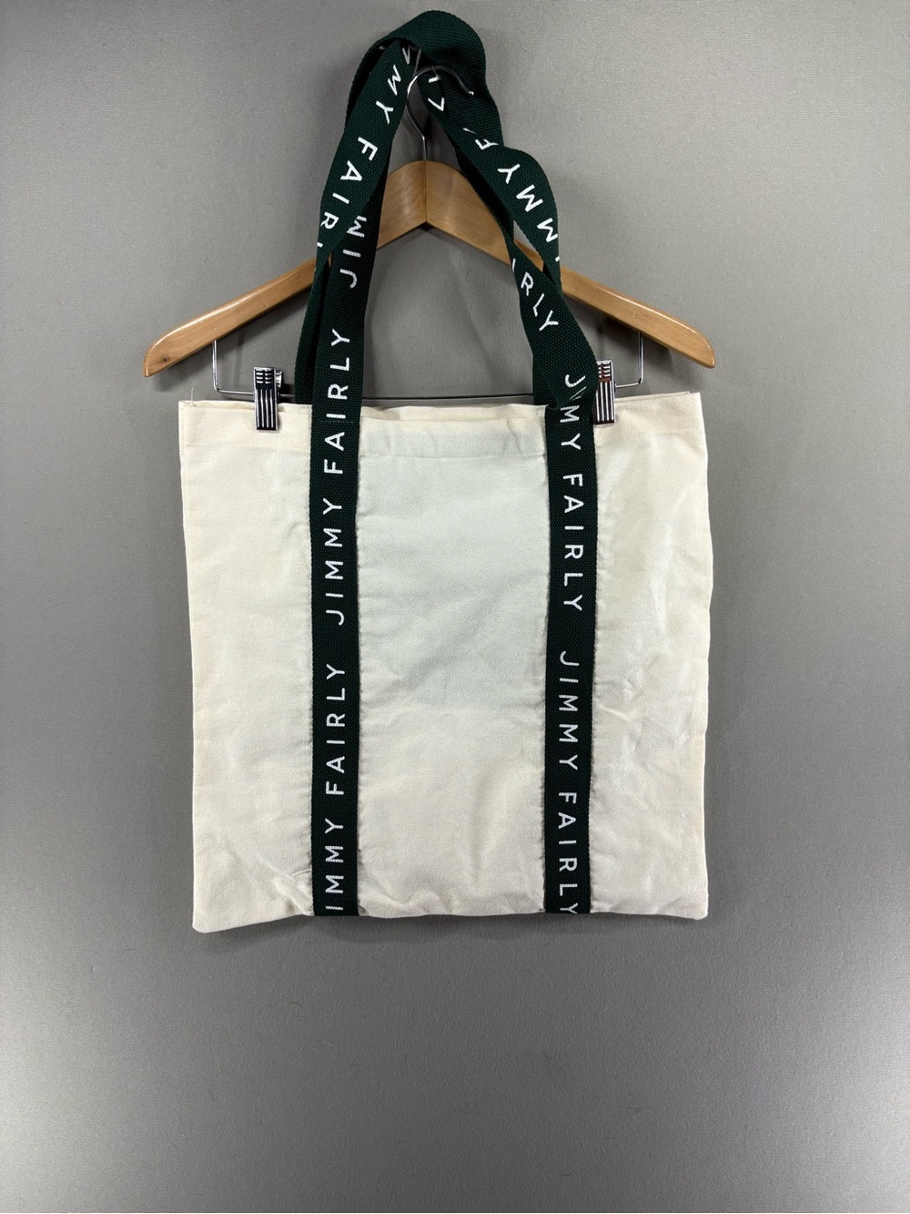 Jimmy Fairly Canvas Tote Bag With Black Text Straps Inside Pocket